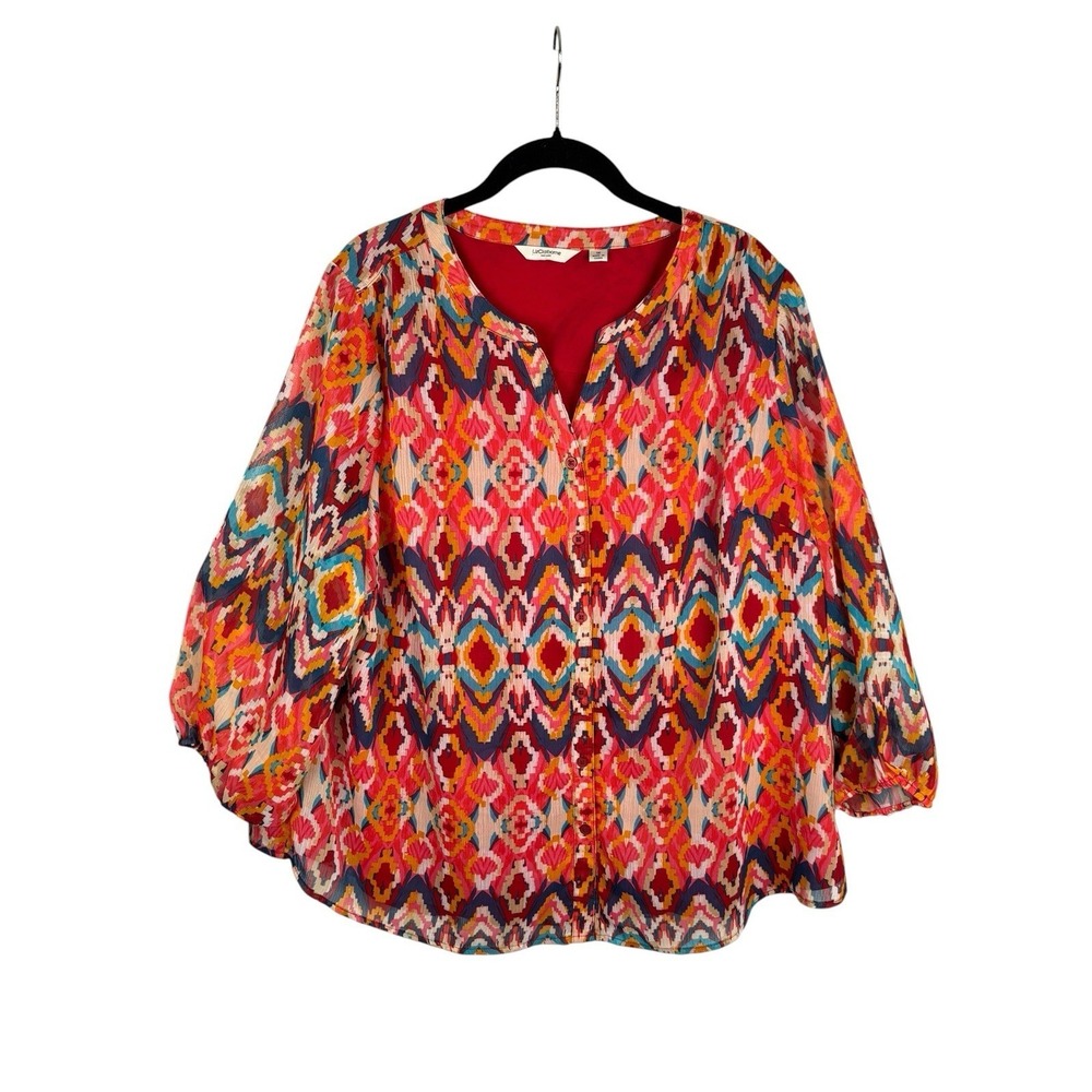 Liz Claiborne Womens Top Blouse Red‎ Ikat Size XL Sheer Sleeves Flowy
